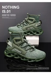 Side detail of olive green high-top sneakers with breathable mesh and wavy hollow soles
