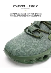 Detail of army green breathable knit mesh fabric and durable woven laces on sport shoe