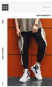 Men's street fashion look featuring black jogger pants and white chunky athletic sneakers