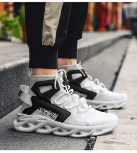 Detailed side view of high-top breathable mesh sneakers with wavy hollow cushioning sole