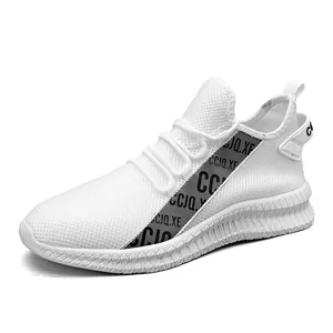 White breathable mesh sneakers for men featuring grey logo ribbon and thick sole