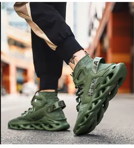 Detailed low angle view of olive green high-top sneakers with hollow wave blade soles