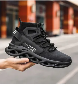 Close-up of black high-top sneakers with breathable mesh and hollow blade cushioning sole