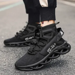 Men's high-top breathable mesh sneakers with chunky hollow sole in black techwear style