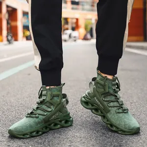 Fashionable army green high-top running shoes with breathable mesh and hollow thick soles