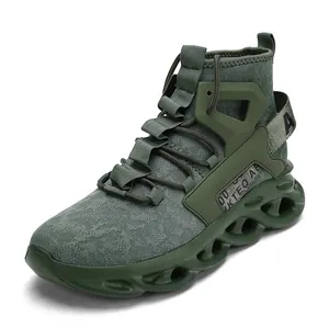 Men's army green breathable mesh running shoes with hollow shock-absorbing sole