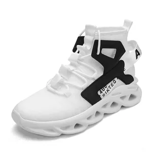 White breathable mesh high-top men's sneakers with thick wavy sole and black accents