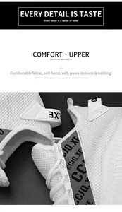 Close-up of white breathable knit mesh fabric and decorative letter straps on men's shoe