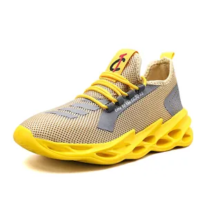 Men's yellow knit sneakers with breathable mesh upper and hollow shock-absorbing sole