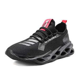 Men's breathable mesh sneakers in black and red with hollow wave blade soles