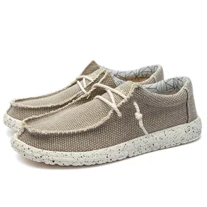 Men's khaki woven canvas loafers with speckled EVA sole and casual rope laces