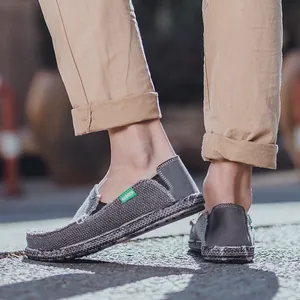 Men's slip-on grey canvas loafers with casual slip-on design and woven anti-slip rubber sole