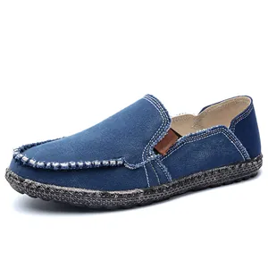 Ανδρικά loafers από μπλε καμβά με αντίθετες ραφές και χοντρή σόλα από καουτσούκ