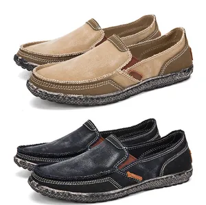 Close-up of men's casual canvas loafers with raw edges and anti-slip thick rubber soles