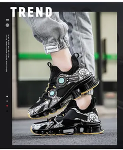 On-foot shot of men's breathable knit sneakers with a futuristic cushioning mechanical sole