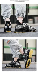 Detail of yellow split shock-absorption sole and graffiti print fly-knit sneaker