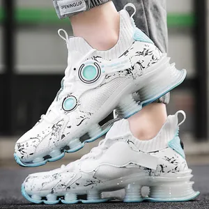 Men's breathable mesh sneakers with white ink texture and clear cushioned soles