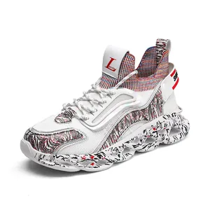 Modern white high-top fashion sneakers with hollow thick soles and colorful knit collar