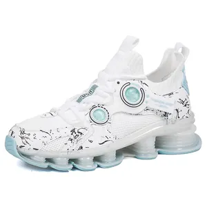 Breathable white and light blue sports sneakers with cushioned multi-column air soles