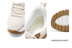 Macro-details van beige sportieve sneakers met mesh bovenwerk en robuuste rubberen zool