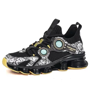 Men's breathable fly-knit sneakers with mechanical cushioning sole and black graffiti print