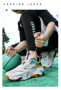 Detail of high-top basketball shoes with blue-orange stripes and anti-slip rubber sole