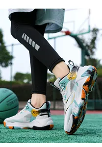 Detail of multi-color basketball shoe with breathable fabric and durable rubber sole