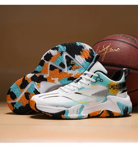 Detail of high-quality white basketball shoes featuring blue and orange wave patterns
