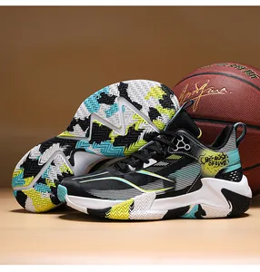 Detail view of high-top basketball shoes featuring wave-patterned non-slip rubber soles