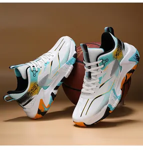 Close-up of white basketball shoes with blue-orange accents and "BECAUSE OF LOVE" text