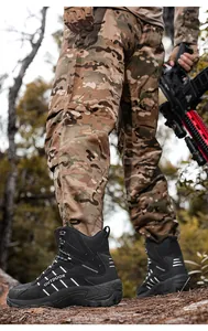 Detail of high-top tactical boots with anti-slip soles and outdoor camouflage gear