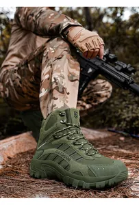 Macro shot of army green tactical boot featuring durable rubber soles and outdoor lettering