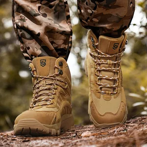 Sand colored tactical hiking boots with non-slip rubber soles for outdoor mountain trekking