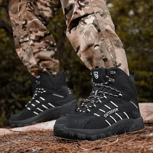 Men high-top outdoor tactical hiking boots in black with non-slip sole and outdoor logo