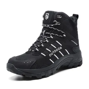Black high-top outdoor hiking boots with non-slip rubber soles and durable suede finish