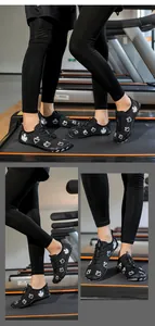Detail of breathable quick-dry water shoes with maple leaf print on a gym treadmill