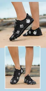 Close-up of quick-lace system and maple leaf pattern on breathable river trekking shoes