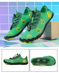 Detail showing breathable mesh upper and quick-lace system of green barefoot water shoes