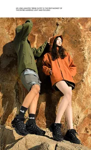 Outdoor technical outfit with olive and orange windbreakers and rugged hiking shoes