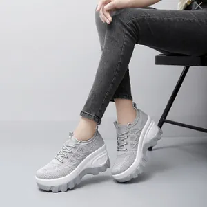 Women's grey breathable mesh platform walking shoes with soft soles and white wedges
