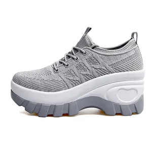Women breathable grey mesh walking shoes with thick sole and heart detail