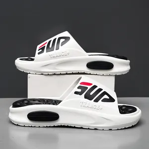 Men's athletic slide sandals with thick soft sole and SUP lettering for beach and home