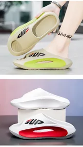 Detail of thick-soled EVA slippers with SUP logo and breathable side vents for summer
