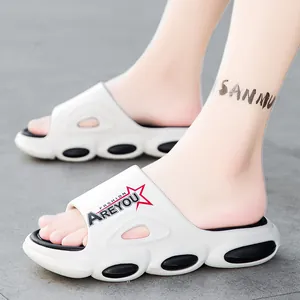 Men's white thick-sole breathable slide sandals with fashion text and anti-slip soft sole
