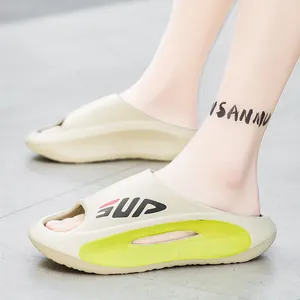 Men's thick-sole casual beach slides with khaki EVA material and SUP logo print