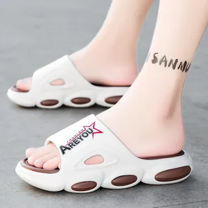 Men's breathable thick-sole beach slides with white fashion print and non-slip design