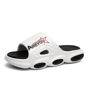 Men's breathable thick sole slides in black and white with Fashion Areyou logo