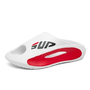 Thick-soled white sports slides with red SUP logo, non-slip comfortable beach sandals