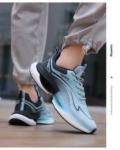 Detail view of lightweight breathable running shoes in blue and grey with sport logo