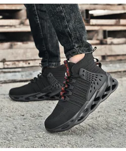 Macro view of high-top safety shoes featuring hollow shock-absorbing soles on street